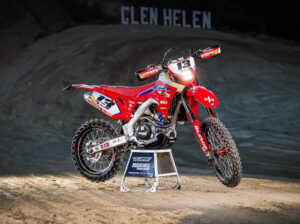 Side view of Zac Wiley’s motocross bike at the 3Bros 24-Hour Endurance Race, equipped with GBrakes stainless steel braided brake lines.