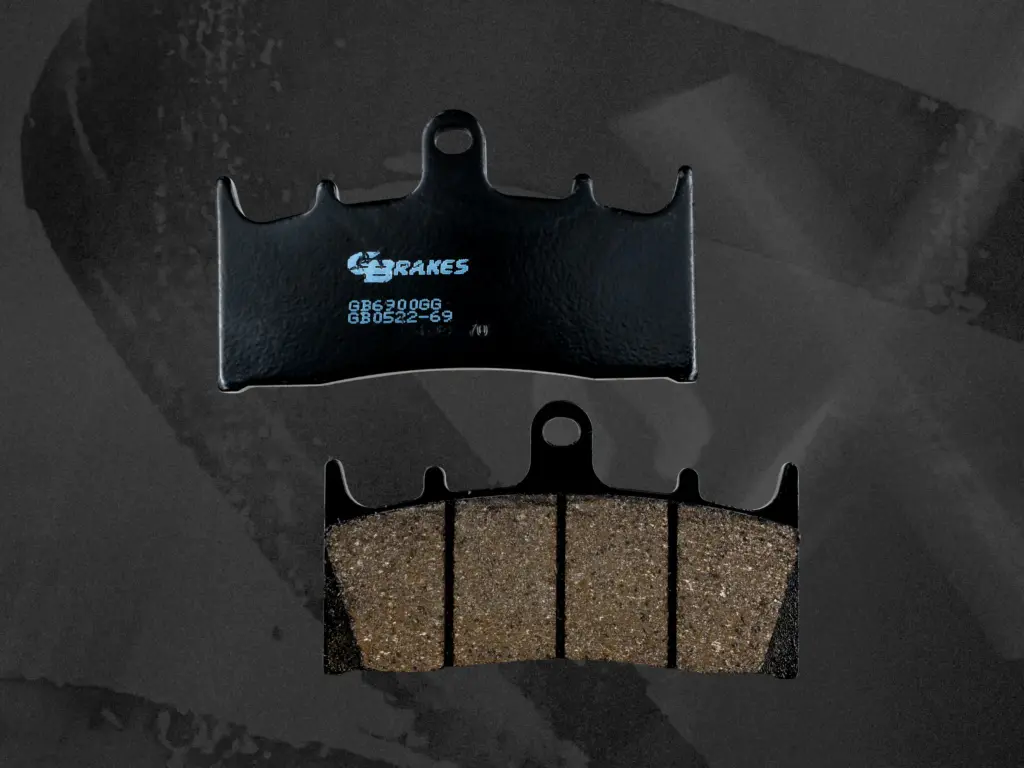 Close-up of GBrakes Harley-Davidson brake pads featuring Nucap NRS mechanical bonding technology for maximum braking strength and durability.